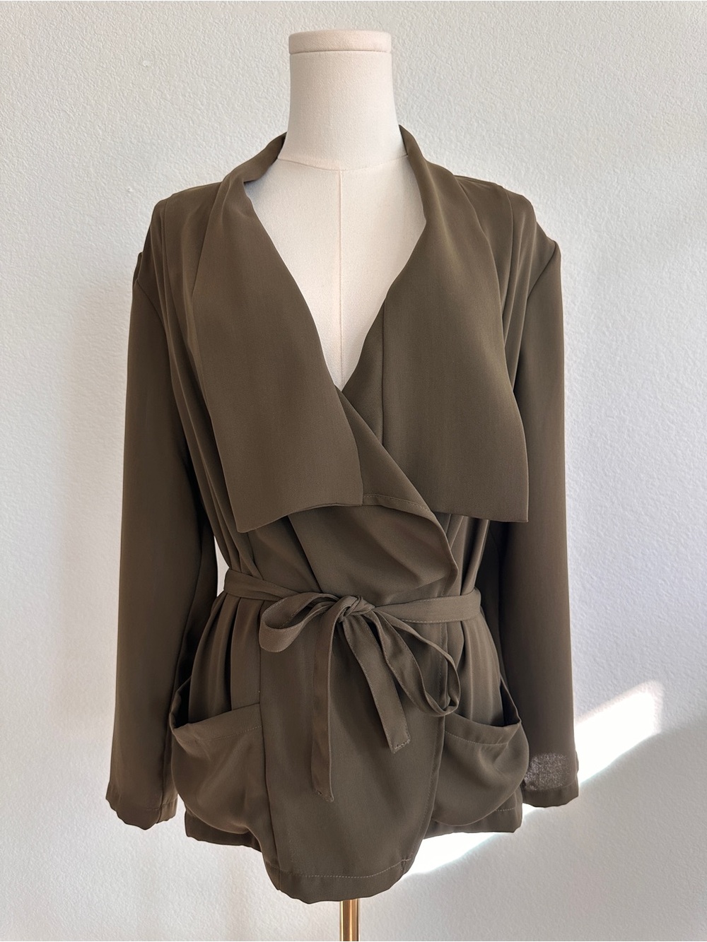H&M Olive Green Waterfall Draped Belted Blazer Jacket